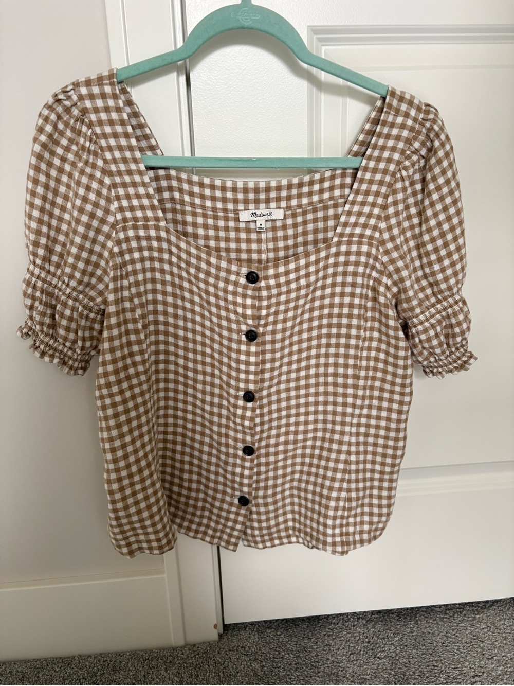 Madewell Tan and White Gingham Square-Neck Button Blouse